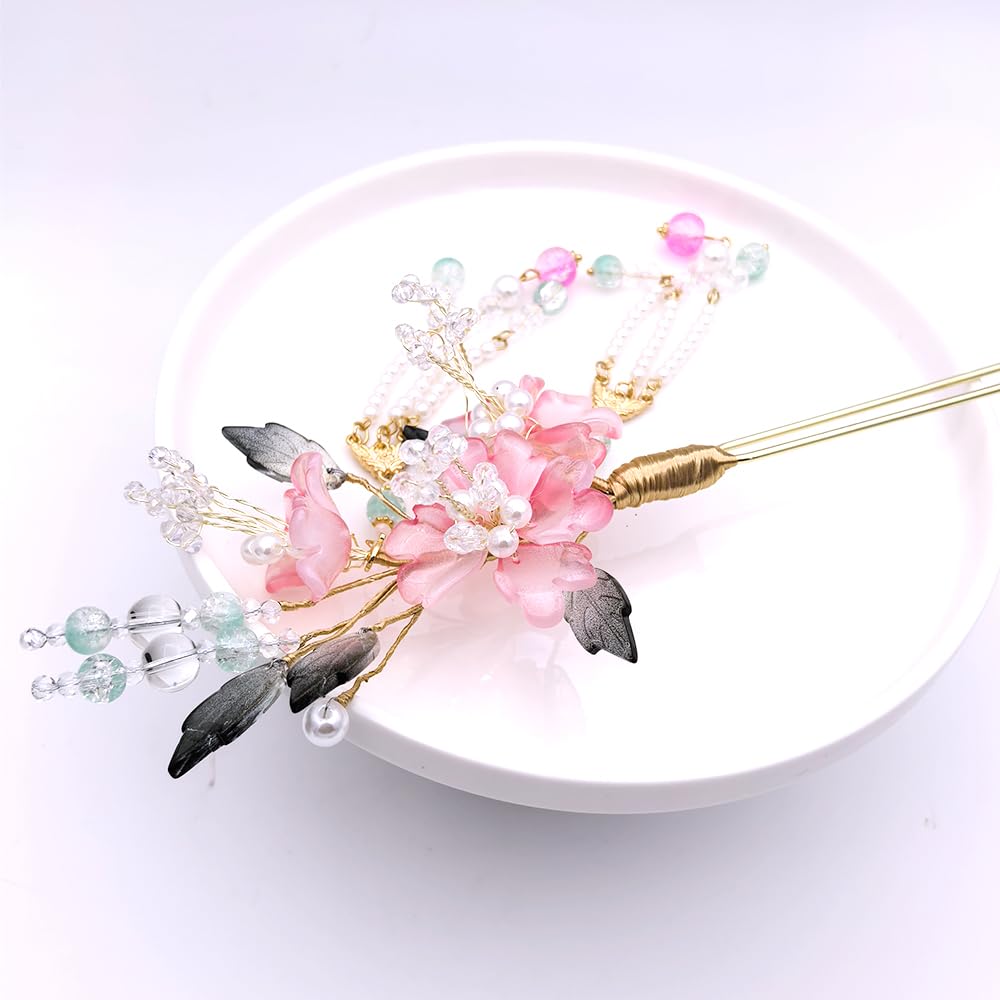 Rabith Henn Elegant 3-Tier Lotus Hair Stick, Transparent Multicolor Resin Flower Hair Pin for Women, Japanese Chinese Bun Updo Hairstyle Accessory Gift (Peony Pink)