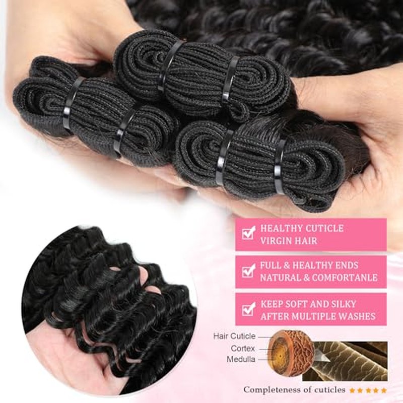 12A Deep Wave Bundles Human Hair 18 20 22 Inches, 100% Unprocessed Indian Human Hair Bundles Wet and Wavy Raw Virgin Hair Curly Weave 3 Bundles Deal (Natural Color, 18 20 22 Inches)