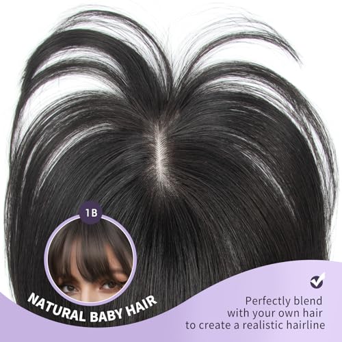 10 Inch Real Human Hair Topper with Bangs for Women Covers Thinning Crown, Clip-In Hair Topper for Thinning Hair (Natural Black)