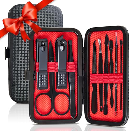 Manicure Set 10 in 1 Mens Gifts Travel Nail Clippers Set for Him, Mens Grooming Manicure Kit Pedicure Tools for Men Women Girls Boys Parents Husband Wife with Black Leather Case