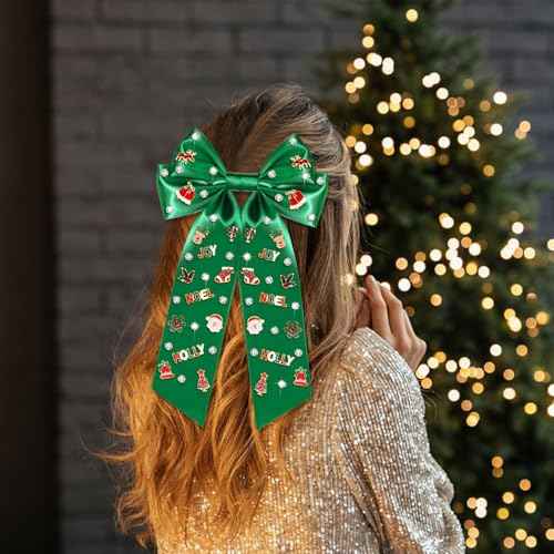 Christmas Hair Bow Clip Christmas Snowflake Tree Reindeer Santa Claus Crystal Embellished Hair Bow Barrettes Xmas Winter Holiday Big Bow Hairpin Accessories Gift (green Christmas bow)