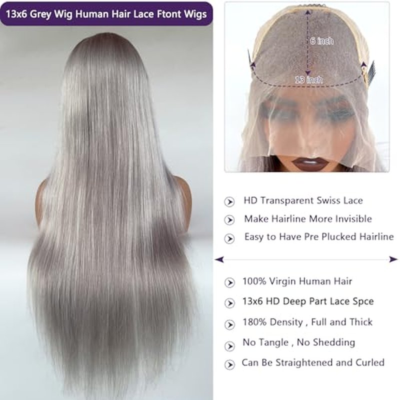 Grey Lace Front Wigs Human Hair, Glueless Grey Wigs Human Hair Pre Plucked HD 13x6 Lace Front Grey Wig for Black Women 180% Density 22 Inch Colored Silver Gray Straight Human Hair Lace Fronal Wig