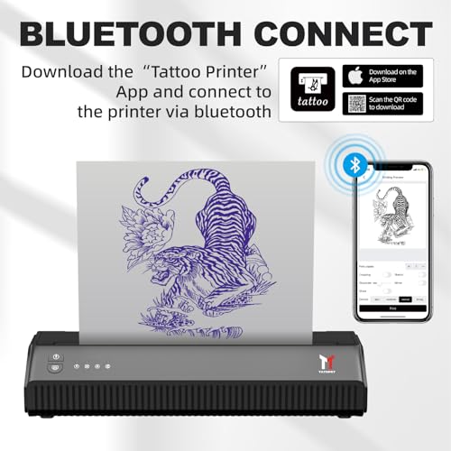 Tattoo Stencil Printer Bluetooth Thermal Wireless Portable Tattoo Stencil Transfer Machine Copier with 10pcs Transfer Paper P8008 Compatible with Android, iOS & Windows