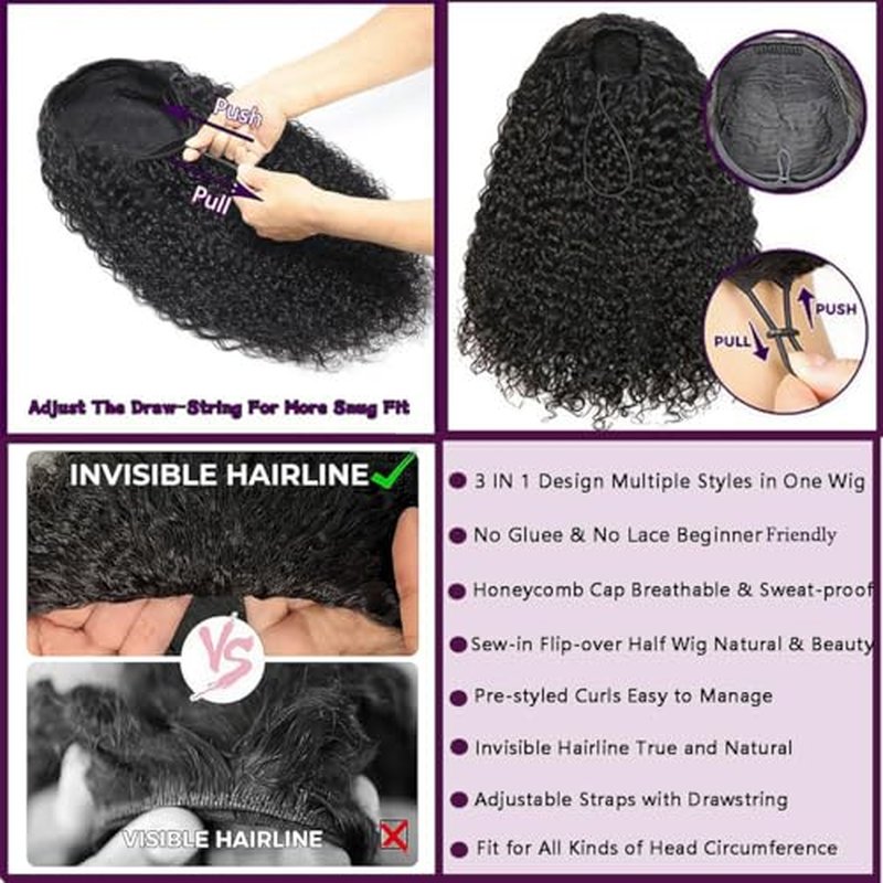 16 Inch Curly Half Wig Human Hair 220% Density Water Wave Half Wig 3 In 1 Seamless Flip Over with Drawstring Invisible Hairline Beginner Friendly Wear and Go Glueless Wigs Headband Wig for Women