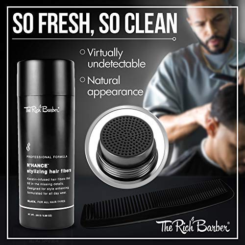 The Rich Barber N¡¯Hance Hair Building Fibers, 3 Month Supply - Barber Hair Thickening Fibers, 25 grams - Grey Hair Concealer Spray - Sharper Hairlines, Thicker Beard & Fuller Hairstyling (Black)