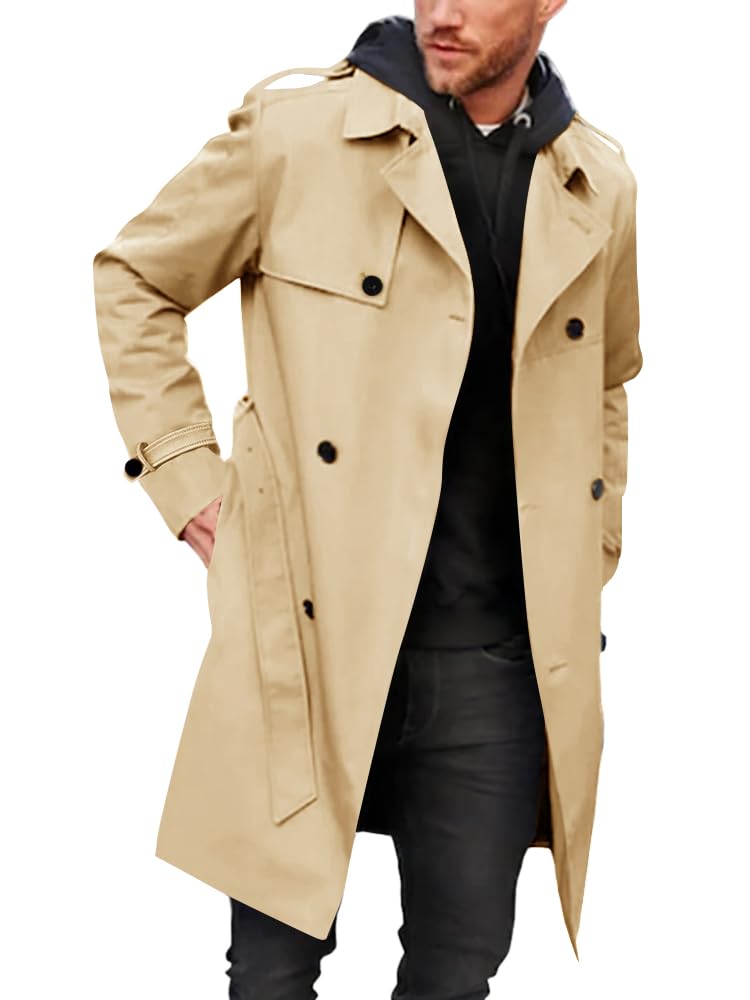Pretifeel Mens Trench Coat Slim Fit Double Breasted Long Jacket Notched Lapel Belt Fall Windproof Coat Navy Blue