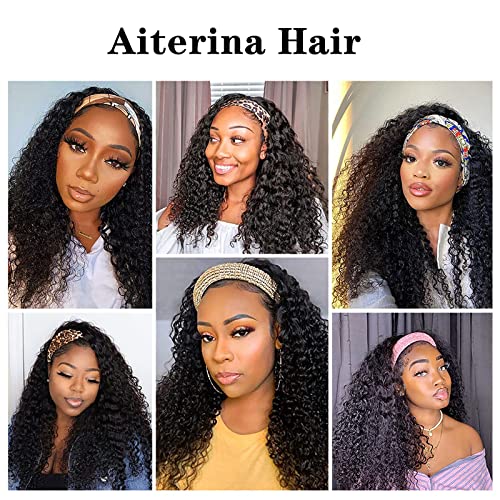 Aiterina Headband Wig Deep Wave 12 Inch Human Hair Headband Wig Curly hair Glueless Human Hair Wigs Machine Made No Lace deep Curly Headband Wigs Natural color