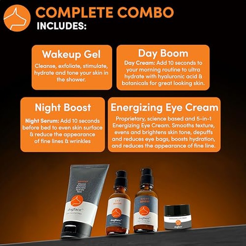 Dogface Men's - Wakeup Gel Daily Face Wash to Exfoliate, Hydrate & Tone Skin, Day Boom Moisturizer, Night Boost Night Cream Retinol Serum, Eye Cream (Complete Combo)