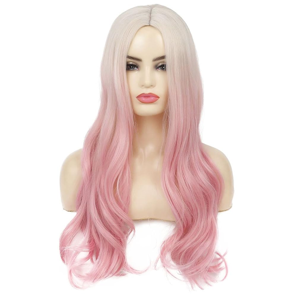 Dai Cloud Blonde to Pink Long Wavy Ombre Wig for Women Curly Heat Resistant Synthetic Halloween Cosplay Hair Wigs