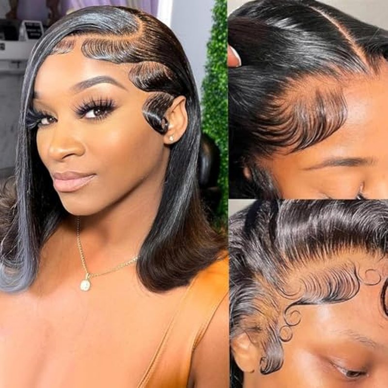 Short Bob Wig Human Hair Straight 13x4 Frontal HD Transparent Lace Front Wigs 100 Percent Real Human Hair Black Bob Wig for Women Pre Plucked 180% Density Natural Color 10 Inch