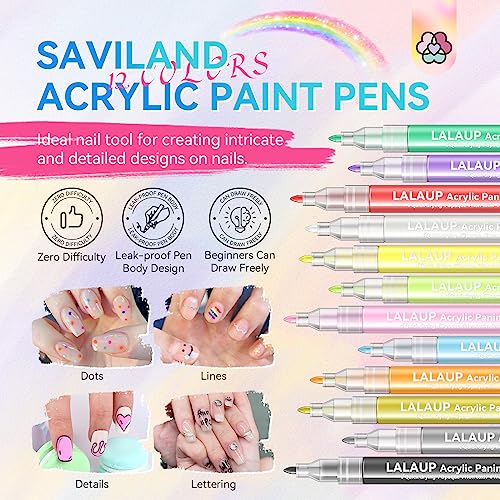 Saviland 12 Colors Nail Art Pens Set - 3D Nail Polish Pens Acrylic Paint Pens Nail Markers for Nail Art Drawing Painting Nail Point Dotting Liner Pen Manicure Tools Nail Design Kit Home Nail Salon DIY