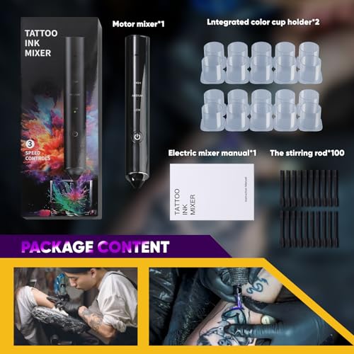 Tattoo Ink Mixer Gun Machine, Mixer Game Changer, 3 Adjustable Speeds Wireless Mixer, Without Continuous Pressing, New Rotary Tattoo Pigment Mixer Set with 100Pcs Mixing Sticks (New Mixer, Black)