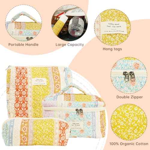 Generic Quilted Makeup Bag Set, Cute Cotton Floral Cosmetic Bags, 3 in 1 Set, Travel Toiletry Organizer
