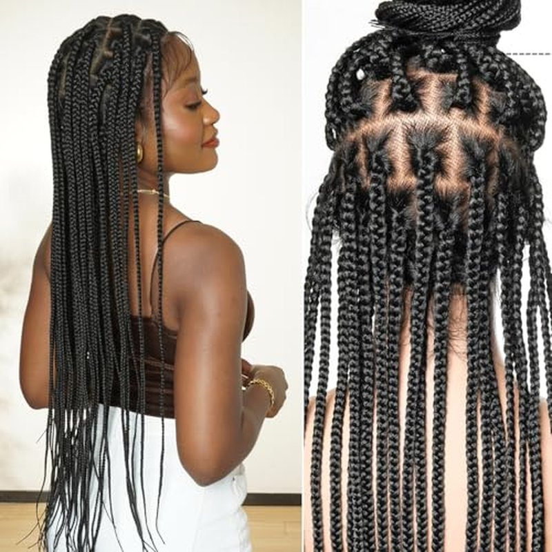 36" Knotless Large Box Braided Wig for Black Women ? 47 Strands, 360¡Æ Swiss HD Full Lace, Human Baby Hair, Lightweight Synthetic Braids