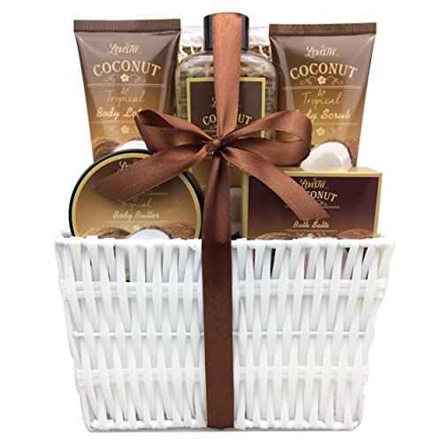 Mother's Day Spa Gift Baskets Bath and Body Set Refreshing Coconut Fragrance Lovestee - Bath and Body Gift Set Includes Shower Gel Body Lotion Body Scrub Body Butter Bath Salt and Loofah Scrubbed
