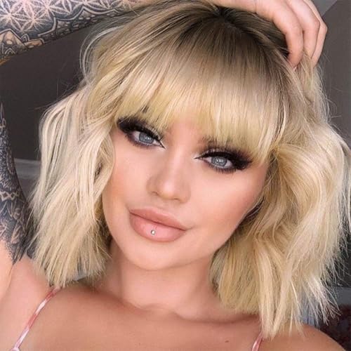 MISSQUEEN Ombre Short Blonde Wigs with Bangs Synthetic Wavy Blond Bob Wig Curly Heat Resistant Blonde Hair Wig for Women Daily Party Halloween Use