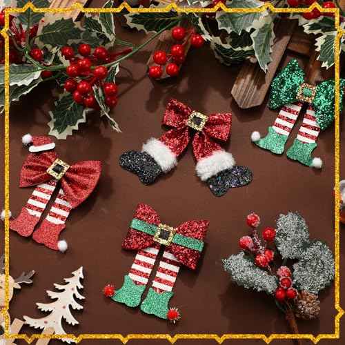 4 Pack Christmas Hair Clips Glitter Sequins Red Bow Hair Clips Glitter Bow Party Cute Decoration Deer Antler Elf Headdress Christmas Decor for Women Gifts