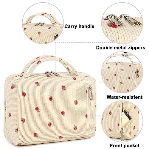 Bluboon Makeup Bag Zipper Pouch Travel Toiletry Bag Portable Cosmetic Bag Organizer for Women and Girls(Strawberry Corduroy Beige)