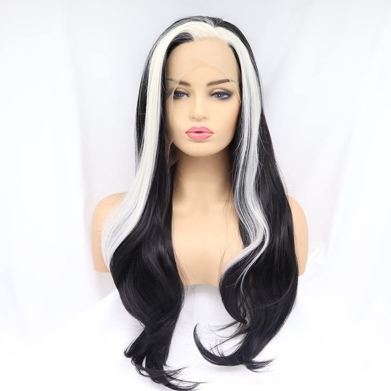 melody wig Natural Black Wig Synthetic Streaked Black/Blonde Mixed Lace Front Wigs For Women Hair Heat Resistant Fiber Long Straight Wigs Cosplay Part