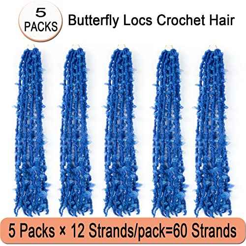 Blue Butterfly Locs Crochet Hair,30 Inch 5 Packs Pre Looped Distressed Faux Locs Crochet Hair For Women,Prelooped Soft Butterfly Locks Crochet Braids,Synthetic Braiding Hair(30¡±,5packs,Blue#)