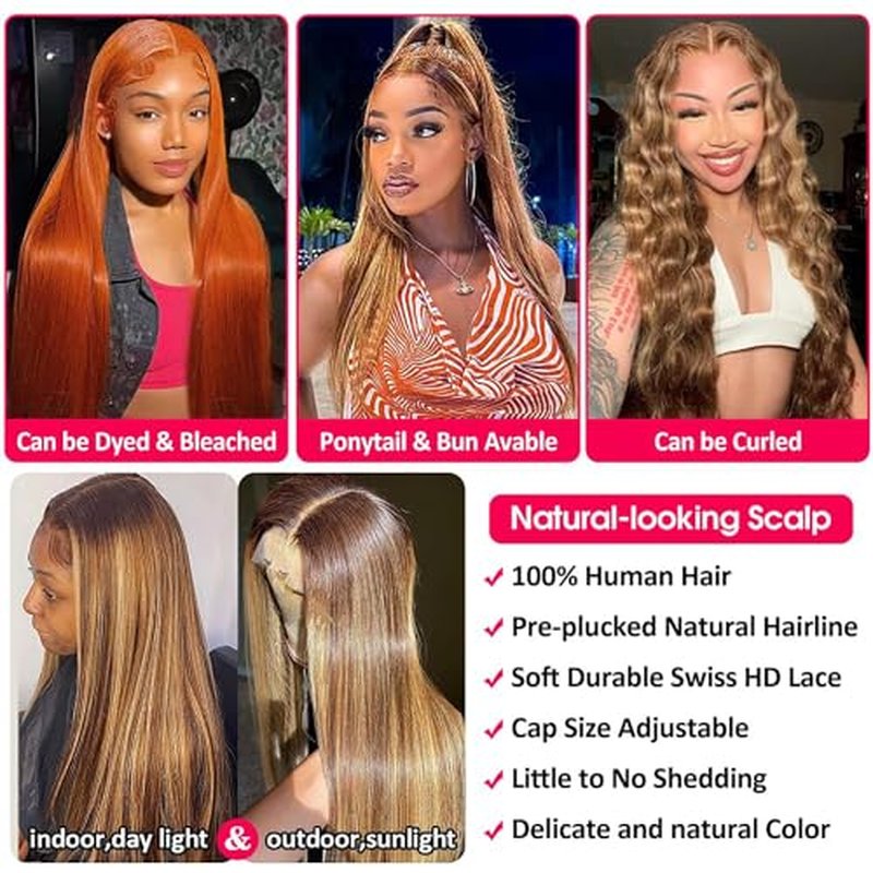 30 Inch Highlight Ombre Lace Front Wig - Human Hair, 180% Density, 13x4 Hd Transparent Lace, Honey Blonde, Straight