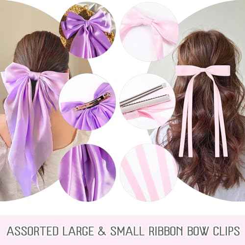 14 Pcs Hair Bows for Women, Bow Hair Clips with Long Tail, Coquette Bows Hair Ribbons, Big Hair Bow Hair Accessories for Women (Vibrant)