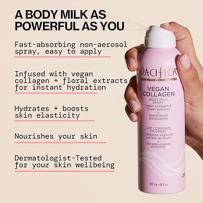 Pacifica Spray Lotion for Body - Vegan Collagen Body Milk Spray ? Hydrating Moisturizer Mist Fast-Absorbing Instantly Hydrates & Softens Skin Jasmine & Vanilla Natural Scent Clean Beauty Non-Aerosol