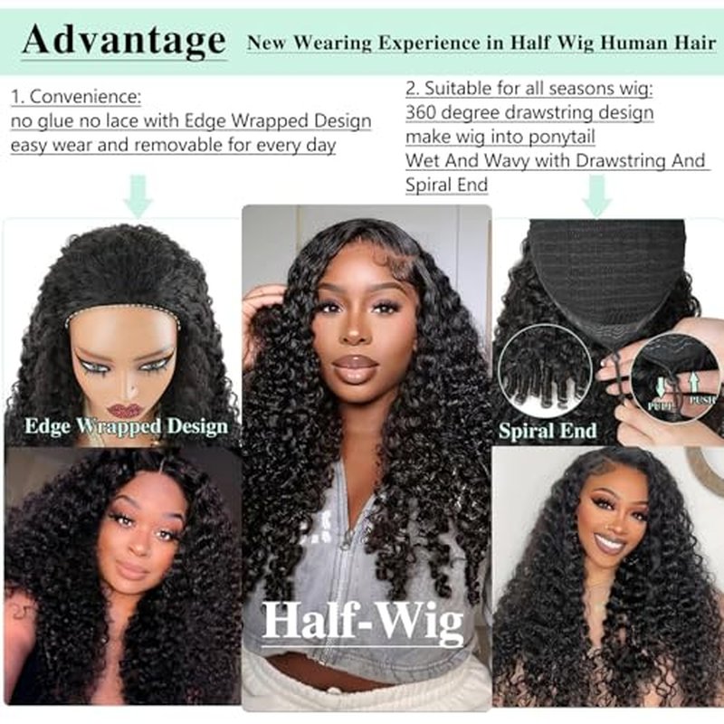 Burmese Curly Half Wigs Human Hair 3 In 1 Seamless Flip Over Half Wigs With Drawstring for Women Glueless Wig Human Hair with Spiral End,Water Wave Headband Wig,Beginner Friendly,200% Density (18inch)
