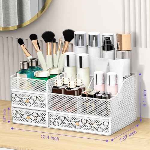 Lamesa Makeup Organizer for Vanity, Metal Makeup Organizers and Storage, Large Capacity Vanity Organizers for Cosmetics, Skincare, Desk Organizers with Drawers for Dresser Countertop(Large White)