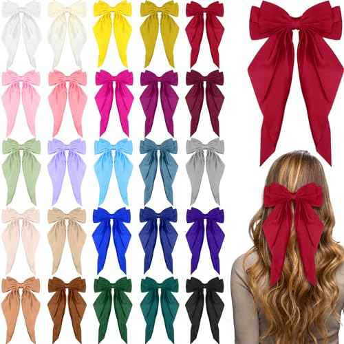 Mimorou 25 Pcs Satin Hair Bows Bulk Silky Big Hair Bows for Women Oversized Long Tail Ribbons Large Knot Clips Barrettes for Holiday Gifts(Plain)