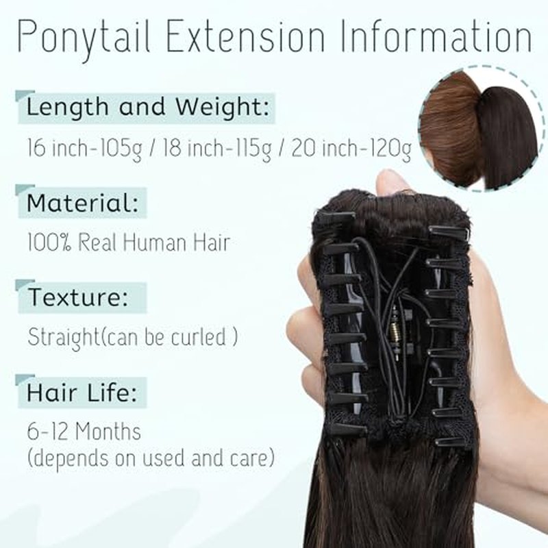 S-noilite Claw Clip Ponytail Extension Human Hair #1B Natural Black Real Remy Human Hair Ponytail Extension 18inch Long Straight Hair Pony Tails Hair Extensions For Women 115Grams