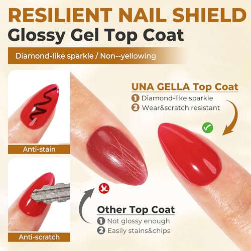 UNA GELLA No Wipe 2PCS Gel Top Coat Base Coat Set, Highly Glossy Top Coat Gel Nail Polish Strengthen and Acid-Free Clear Nail Base Soak Off, Key to Manicure for Her (U V Cure Need)