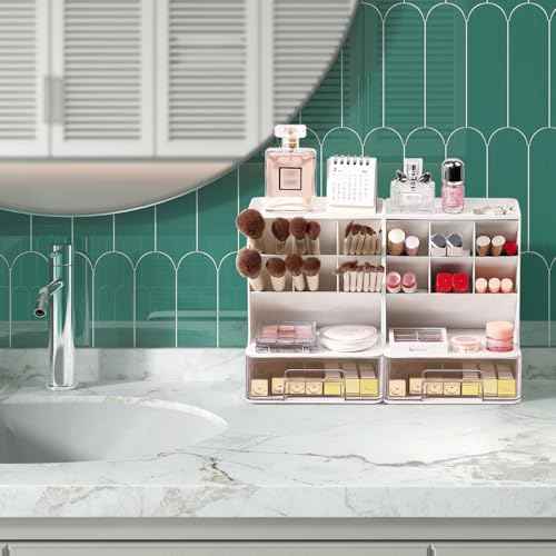 Make Up Organizers and Storage 2 Pack, Acrylic Cosmetic Organizer for Vanity Countertop Bathroom Room, Makeup Brush Holder, Makeover Stuff for Girls