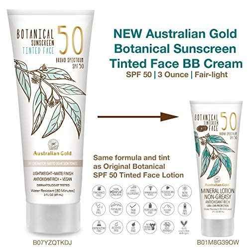 Australian Gold Botanical Sunscreen Tinted Face Mineral Lotion SPF 50, 3 Ounce | Broad Spectrum | Water Resistant