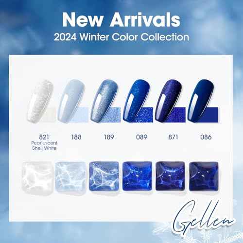 GELLEN Blue Gel Nail Polish Set, 6 Colors Glitter Royal Navy Dark Blue Pearlescent Shell White Nail Gel Polish Kit, Soak Off UV Gel Polish Winter Nail Art Design DIY Manicure Gift for Her