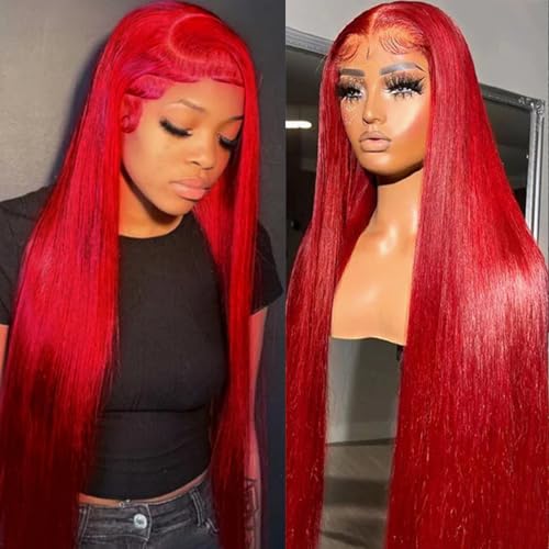 13x6 Red Synthetic Lace Front Wigs Long Straight Hair Red Color Wigs Pre Plucked Wig Natural Hairline Glueless Lace Wigs Heat Resistant Fiber Hair Synthetic Lace Front Wigs for Women Daily Use