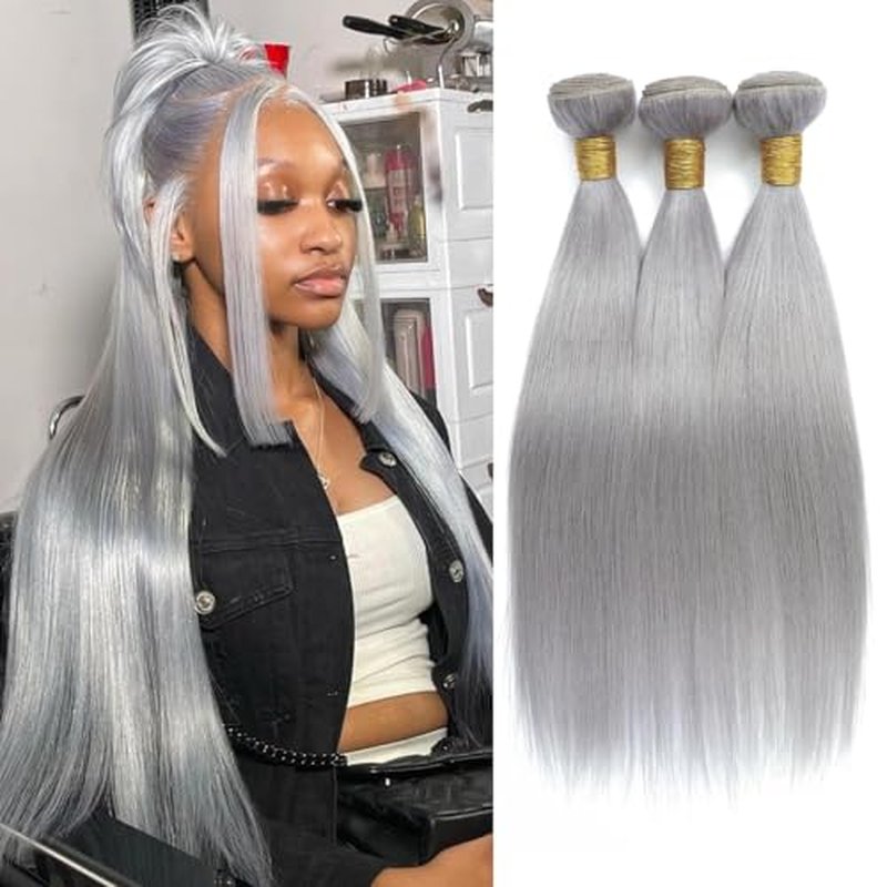 Grey Color Straight Bundles Human Hair, Short 12A 100% Unprocessed Virgin Remy Bundles Lavender Silver Gray Human Hair Soft and Thick Sew In Quick Weave 10 12 14 Inch for Women