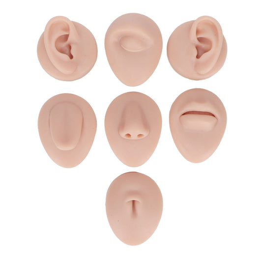7Pcs Soft Silicone Flexible Model Body Part Displays Set, Body Piercing Practice Model Simulation Ear Eye Nose Mouth Tongue and Belly Button Model for Novice Piercer (Medium Fleshcolor)