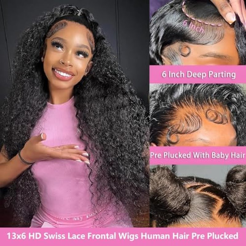26 Inch 13x6 Deep Wave Lace Front Wigs Human Hair 200 Density 13x6 HD Lace Front Wigs Human Hair Pre Plucked Deep Curly Glueless Wig 100% Virgin Human Hair Lace Front Wigs for Women
