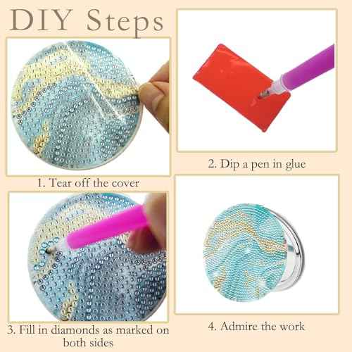 4 Pcs Diamond Painting Compact Mirror, Ocean Diamond Art Mirror Kits DIY Pocket Mirror, Unbreakable Portable Magnifying Folding Purse Mirror Makeup Mirror for Beginner Women