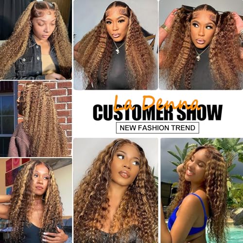 13x6 Highlight Ombre Lace Front Wig Human Hair 4/27 Honey Blonde Deep Wave Lace Frontal Wigs Human Hair Pre Plucked 200% Density Glueless Wig 20 Inch