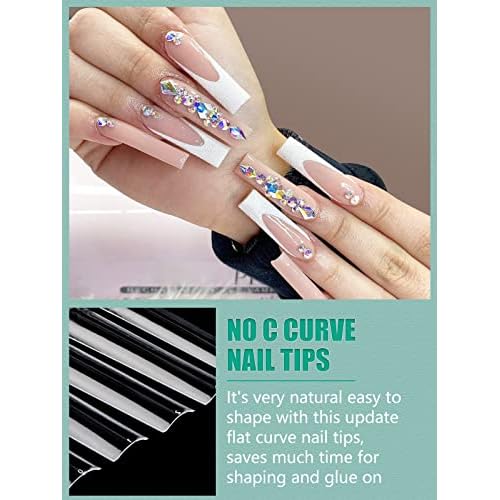 504 PCS No C Curve Clear Nail Tips for Acrylic Nails Professional, 3XL Extra Long, 12 Sizes Half Cover Straight Tapered Square French Fake Nail Tips for Nail Salons Home DIY