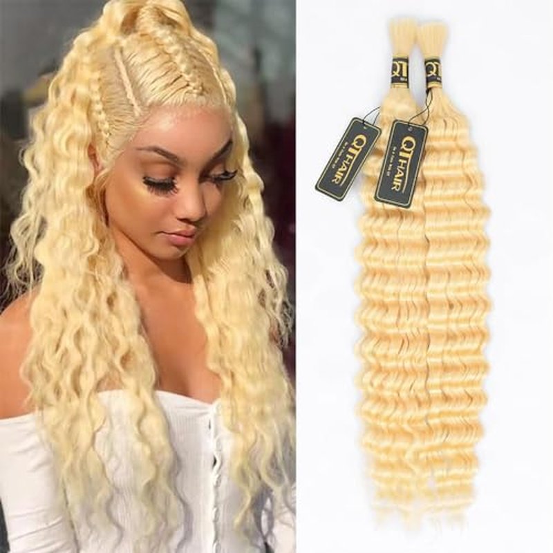 QTHAIR 16A Deep Wave Bulk Human Hair For Braiding(20Inch 100g)#613 Blonde 100% Unprocessed Brazilian Deep Wave Bundles Virgin Hair Extensions Two Bundles Micro Braiding