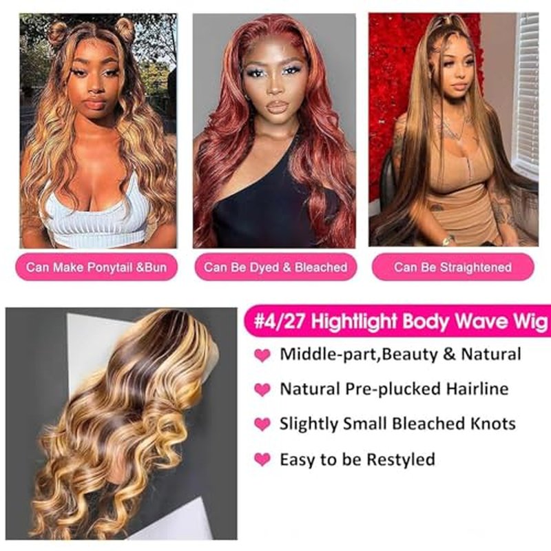 Honey Blonde Ombre Lace Front Wig Human Hair 13x4 HD Lace Front Wig 4/27 Highlight Ombre Body Wave Lace Frontal Glueless Wigs Pre Plucked with Baby Hair 28 Inch