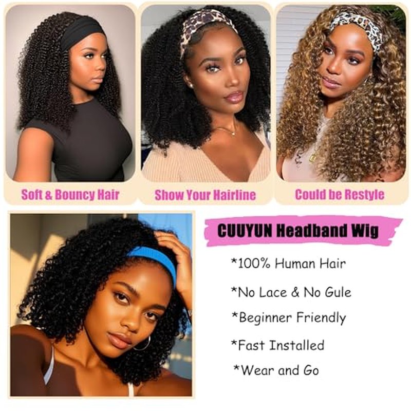 Headband Wig Human Hair Kinky Curly Human Hair Wigs for Black Women Curly Half Wig None Lace Front Wigs 150% Density 24 Inch Brazilian Virgin Hair Natural Color