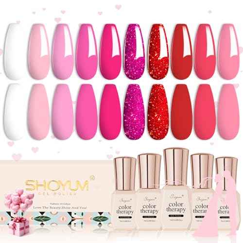 Pink Gel Nail Polish Set, Light/Hot Pink Cherry Blossom Strawberry All Seasons Soak Off Long Lasting Romantic 10 Colors Starter Kit DIY Home Gift for Girlfriend Woman Beginners