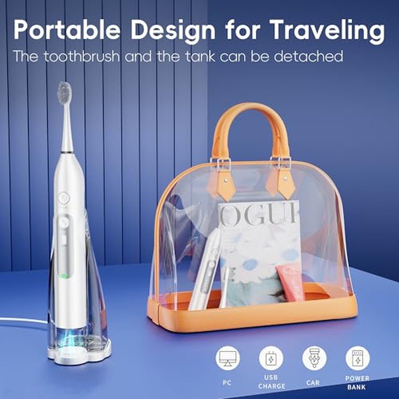 Electric Toothbrush with Water Flosser, All in One Sonic Flossing Toothbrush with 3 Modes & 5 Flossing Speeds & 4 Brush Heads, Rechargeable & Portable for Adult Teeth Cleaning