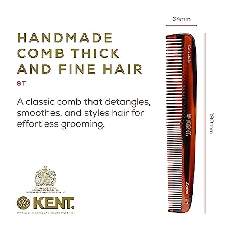 Kent 9T Tortoiseshell Fine Tooth and Wide Tooth Comb - Large Handmade and Saw-Cut Fine Hair Dressing Comb - Wet Hair Detangler Combs for Women and Durable Grooming Made in England