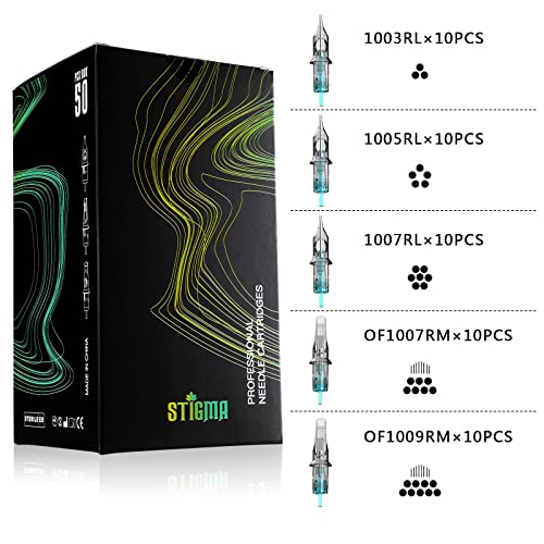 STIGMA Aquamarine Knight Bugpin Tattoo Cartridges Assorted 50pcs (1003RL 1005RL 1007RL OF1007RM OF1009RM) Tattoo Cartridge Needles Round Liner/Round Magnum 0.3mm RL+RM EN02B-50KIT-Z