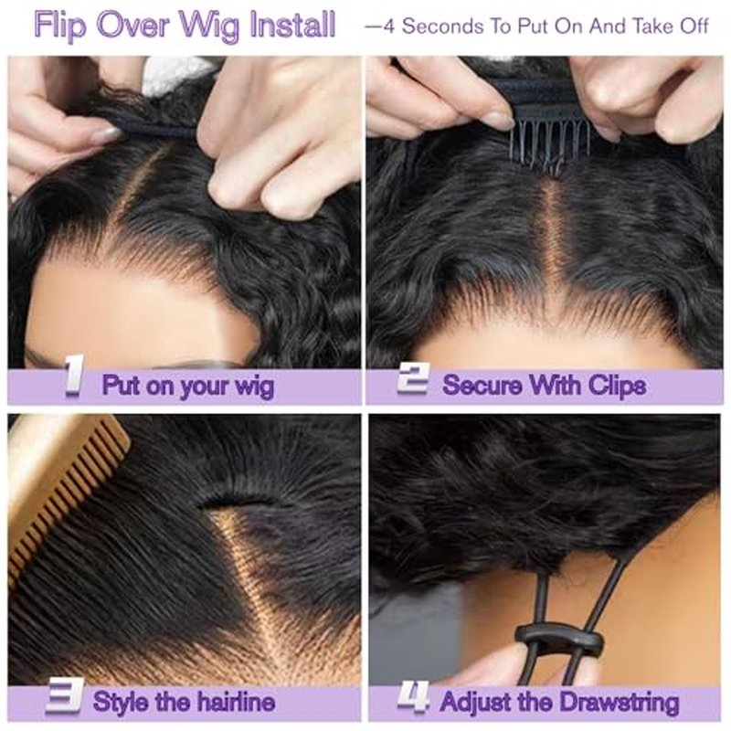 Curly Half Human Hair Wig 200% Density 20 Inch 3 In 1 Glueless Wear And Go Wigs Human Hair Seamless Flip Over With Update Drawstring Headband Seamless Clip Ins Kinky Curly Wigs For Black Women